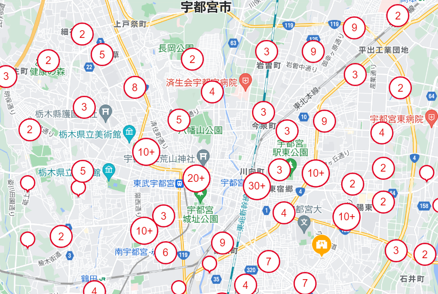 Map of Wi-Fi locations around Utsunomiya