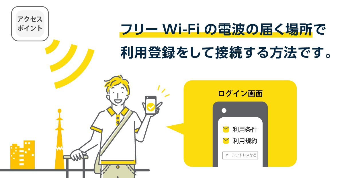 フリーWi-Fiの電波の届く場所で利用登録して接続する方法です。
